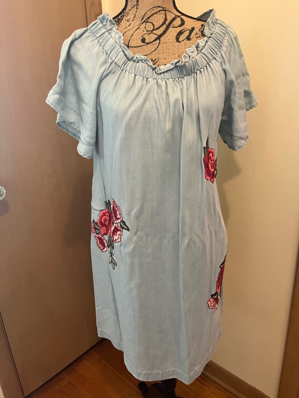 Light Blue Off-Shoulder Embroidered Floral Dress